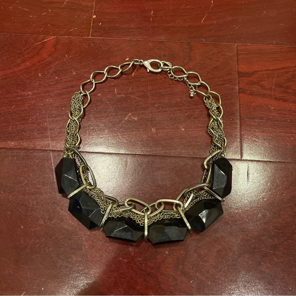 Geometric Statement Necklace Multi String Faceted Stone Silver Tone 21”